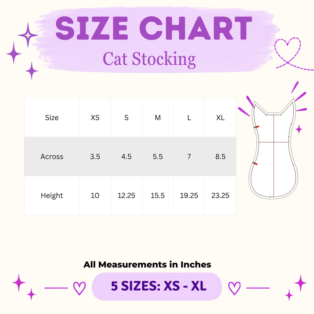 Cat stocking size chart, XS to XL, 3.5 to 8.5 inches across and 10 to 23.25 inches tall
