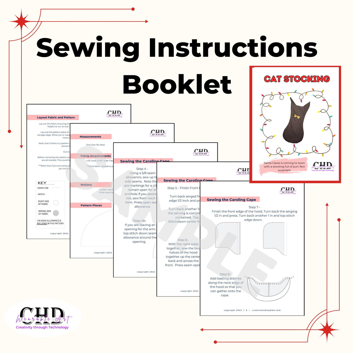 Sample pages from the illustrated sewing instructions booklet for the cat stocking pattern