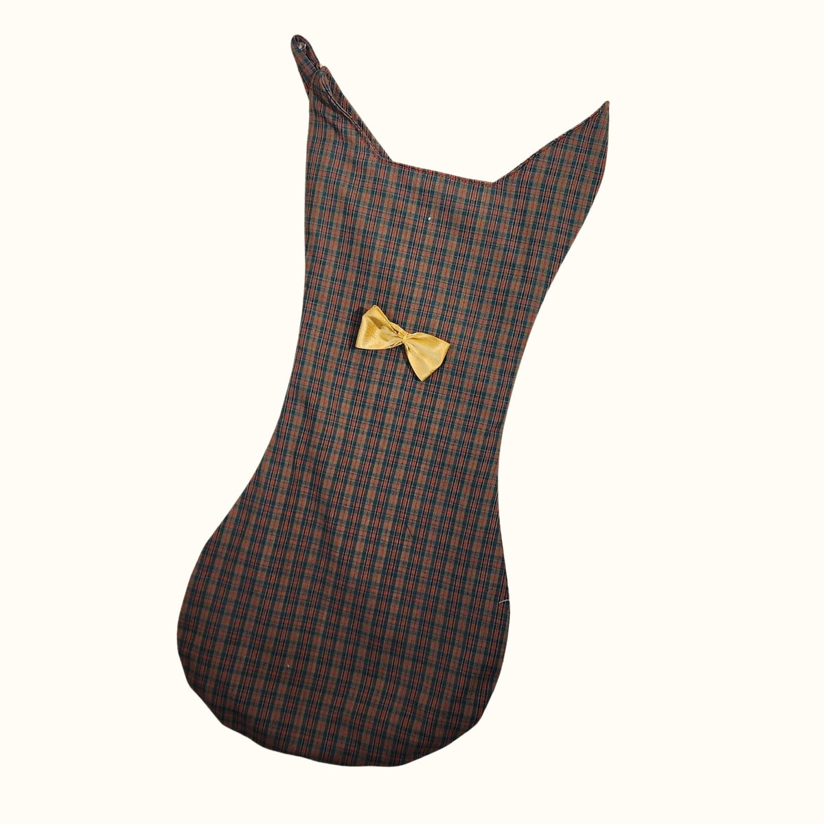 Finished cat Christmas stocking in brown plaid with cat ears, hanging loop and a gold satin bow