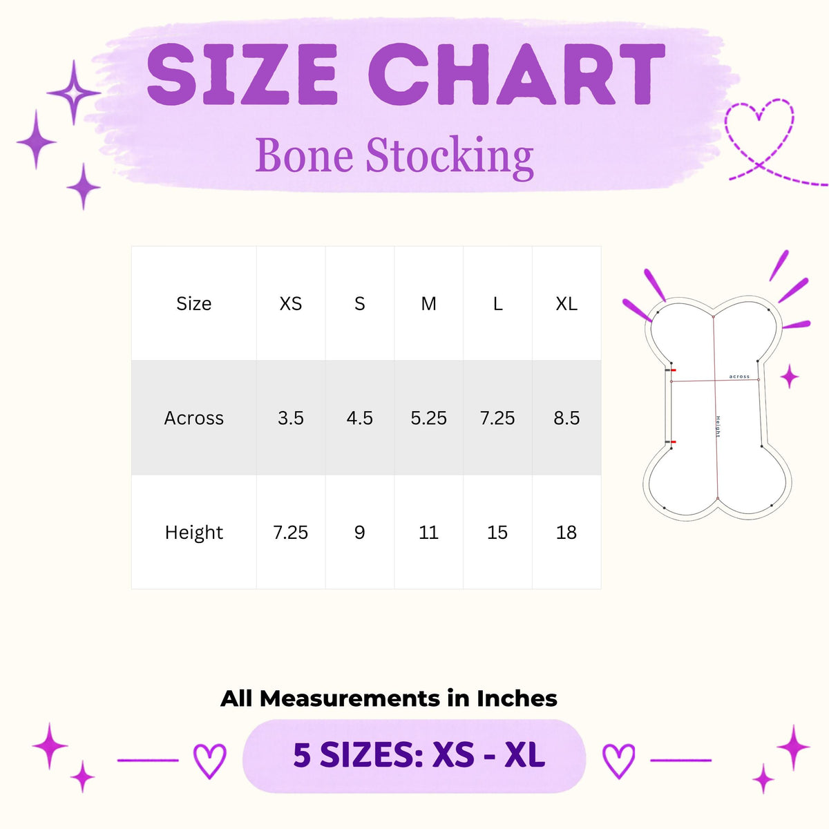 Dog bone stocking size chart, XS to XL, 3.5 to 8.5 inches across and 7.25 to 18 inches tall