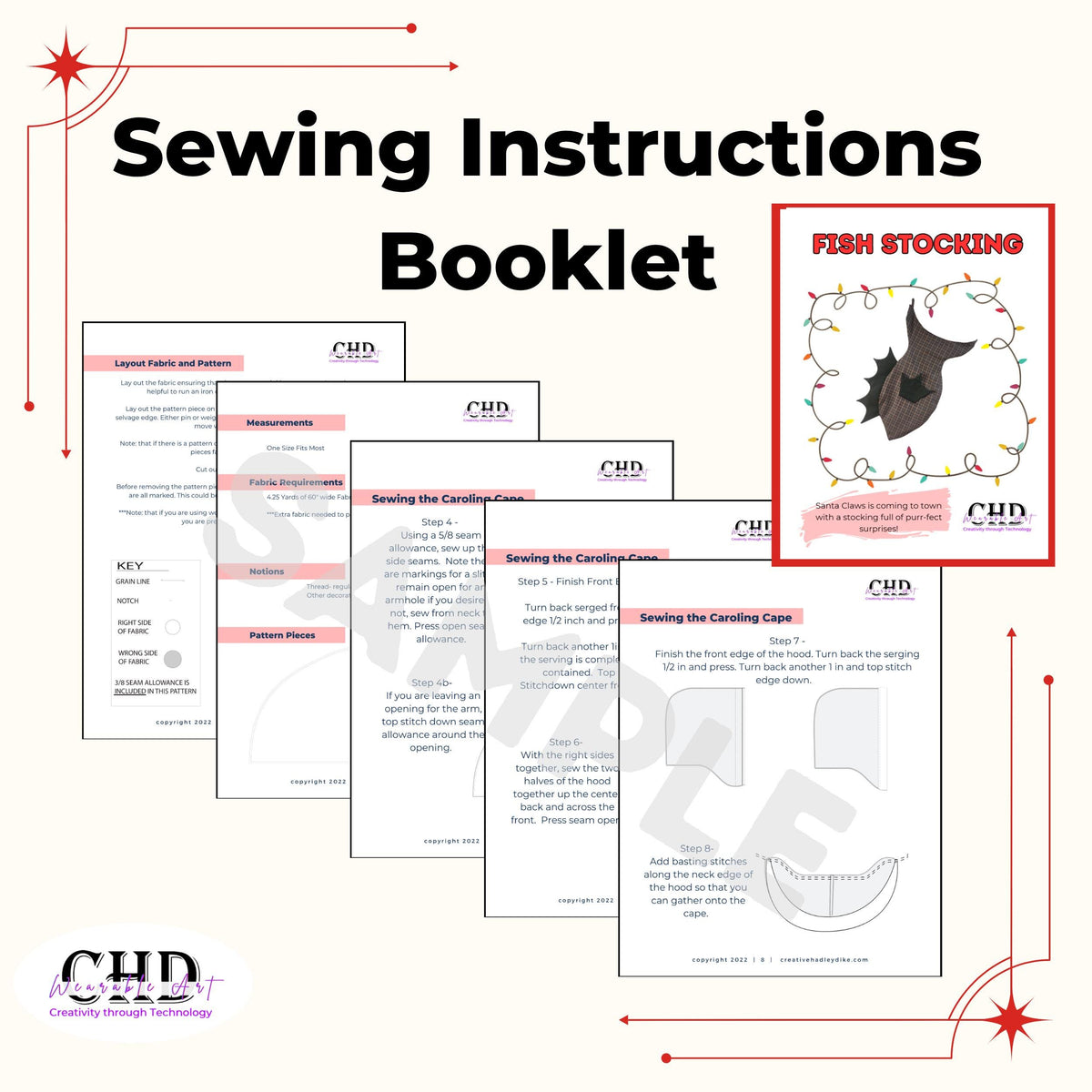 Sample pages from the illustrated sewing instructions booklet for the fish stocking pattern