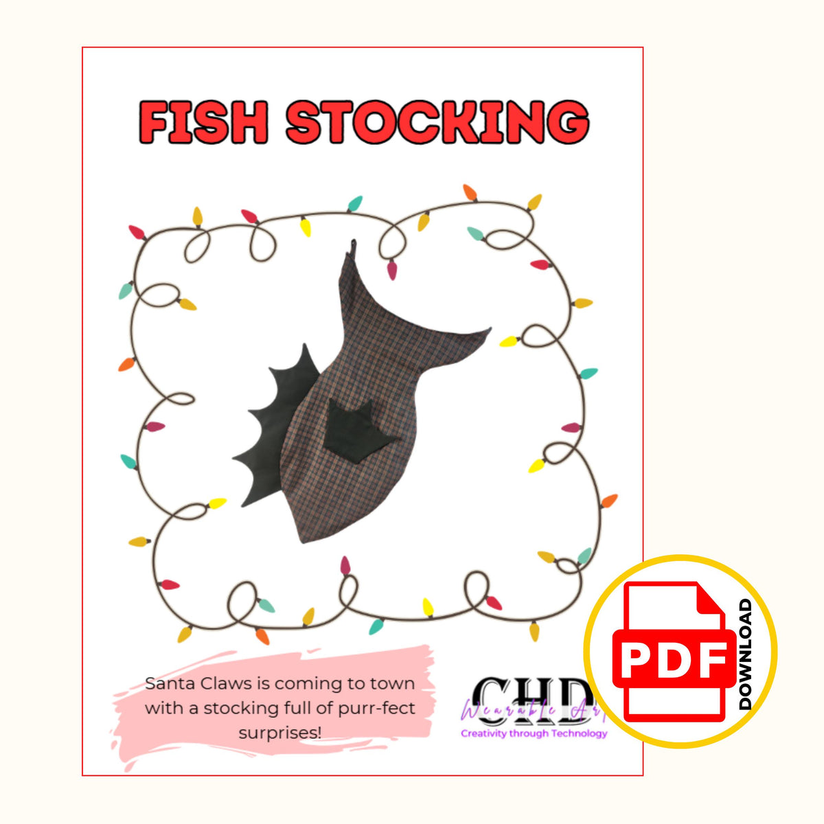 Fish stocking pattern cover page with the plaid fish stocking framed by Christmas lights