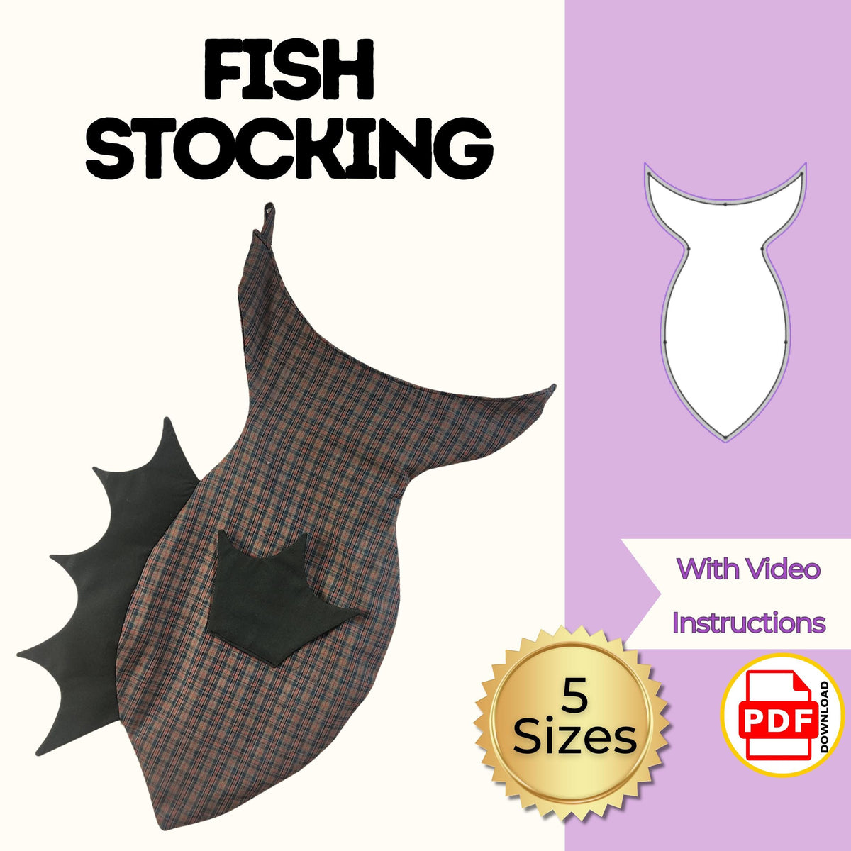 Fish Christmas stocking sewing pattern cover with a brown plaid fish shaped stocking with black fins, 5 sizes, video instructions, PDF download