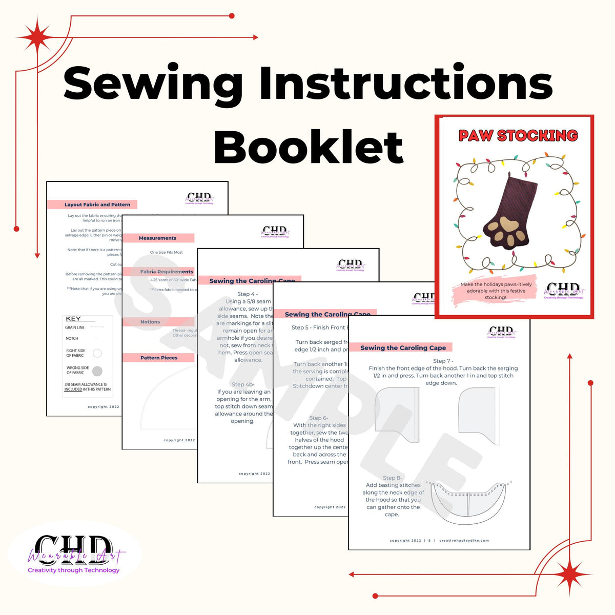 Sample pages from the illustrated sewing instructions booklet for the paw print stocking pattern