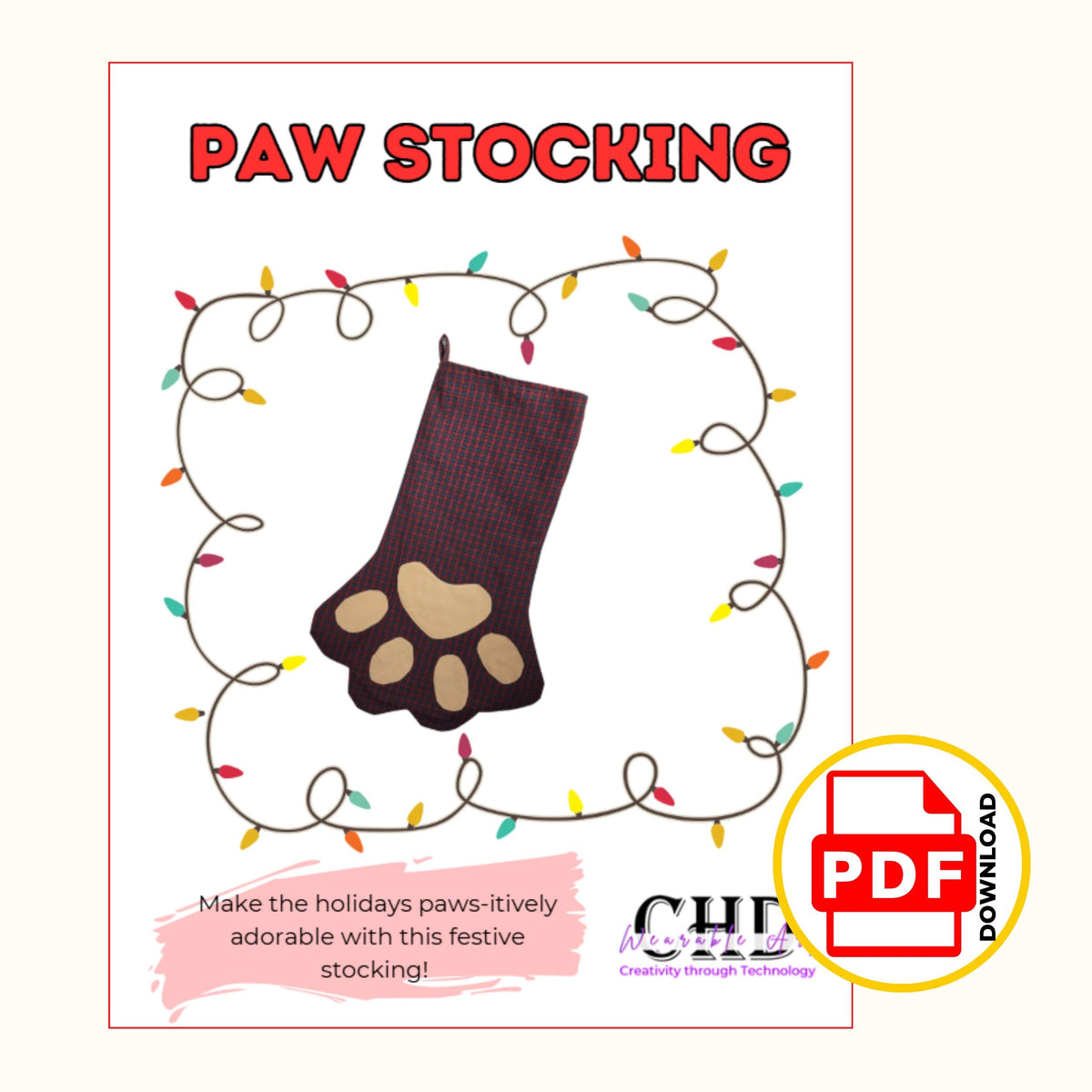 Paw stocking pattern cover page with the plaid paw stocking framed by Christmas lights