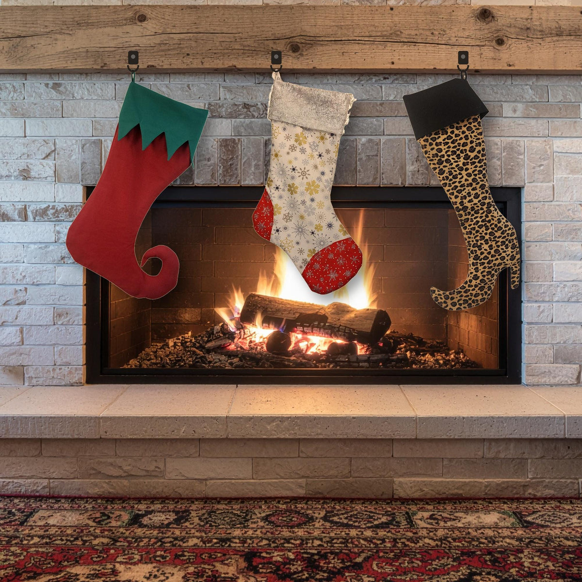 Elf, classic snowflake and leopard high heel stockings hanging over a lit fireplace