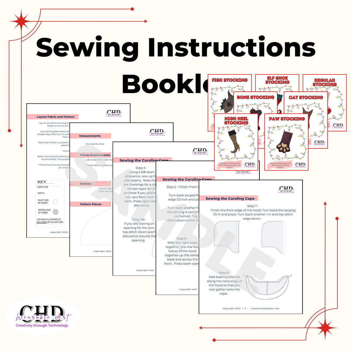 Sample pages from the sewing instruction booklets for all 7 Christmas stocking patterns