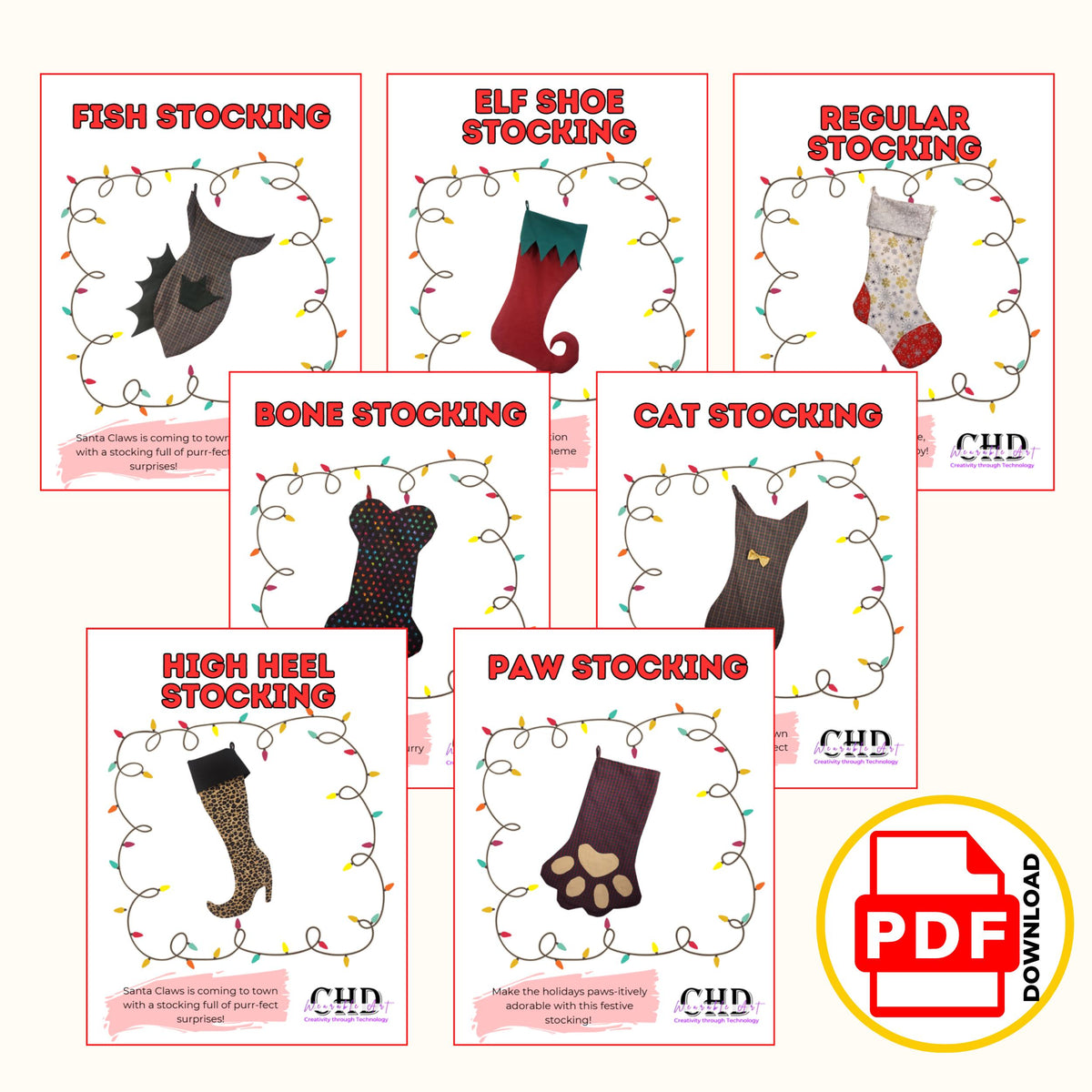 Pattern covers for all 7 stockings: fish, elf shoe, regular, bone, cat, high heel and paw, PDF download