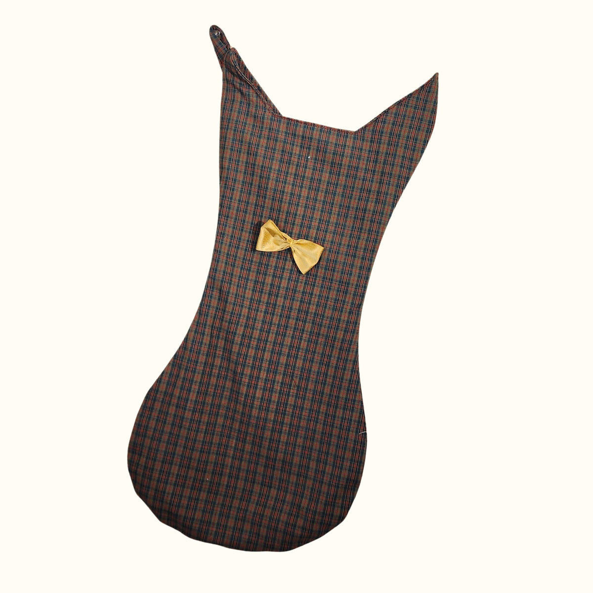 Finished brown plaid cat stocking with ears and a gold bow